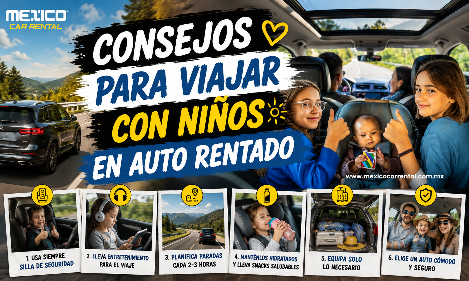 Consejos para viajar con niños en auto rentado